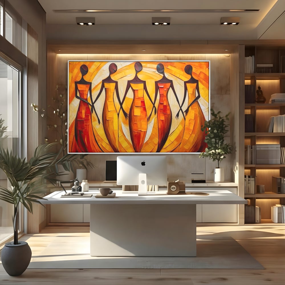 Tablou canvas cu pictura abstracta cu cinci femei stilizate, in rama de aluminiu argintiu, pe perete intr-un birou